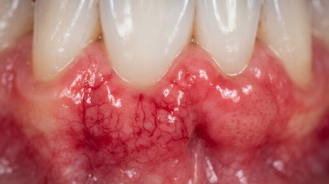 Macro view of inflamed gingiva showing hyperemic gum tissue and dilated capillaries.