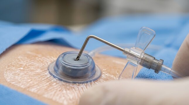 Huber needle accessing a subcutaneous port for intravenous chemotherapy or medication.