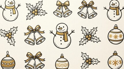 Fototapeta premium Set of handdrawn christmas icons including snowmen, holly berries, bells, and ornaments isolated on white background