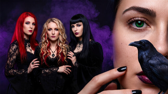 Three Gothic Witches with Raven and Close-up Eye Portrait