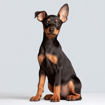 Miniature Pinscher Puppy Sitting Studio Background Copy Space Pet Portrait
