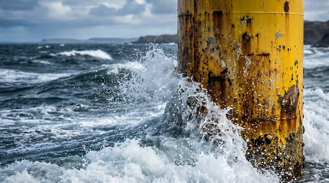 Sea water splashing against a yellow steel offshore wind turbine monopile foundation.