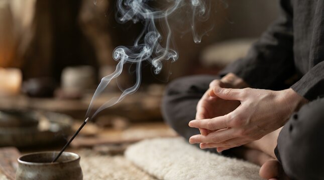 Meditation hands with rising incense smoke for mindfulness and spiritual wellness practice.