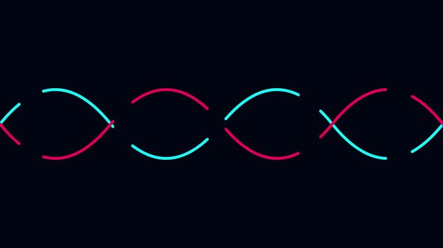 Neon wave motion background: abstract pink and cyan glowing sine curves on animation 4k black