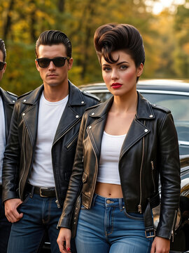1950s rockabilly style young adults with vintage car and leather jackets