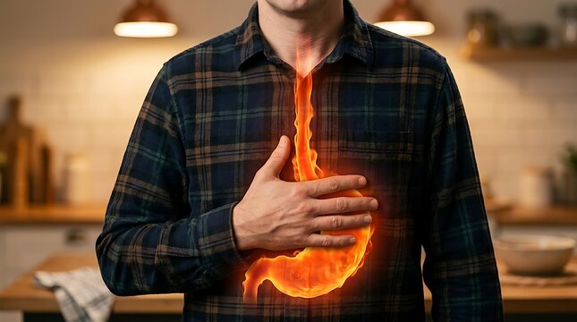 Man experiencing severe acid reflux and heartburn with glowing orange fire visualization inside chest and throat area in home kitchen for medical and wellness health concept photography
