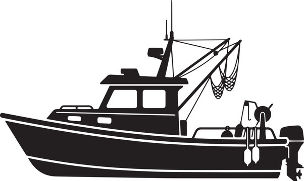 Fishing trawler silhouette with outrigger nets mast and cabin detail flat black icon design