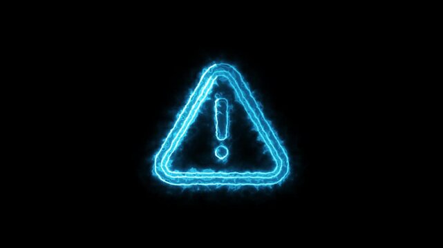 Glowing cyan neon electric warning triangle sign animation on black background loop.