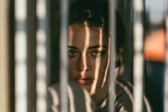 Shadowed interior with striped light: a candid portrait of a woman peering outward