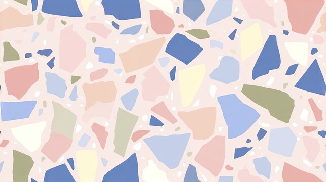 Seamless terrazzo pattern with large pastel blue, pink, peach and beige fragments on a cream background, modern mosaic texture, abstract surface design