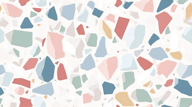 Seamless terrazzo pattern with pastel blue, pink, terracotta and sage fragments on a white background, modern mosaic surface design, playful abstract decor