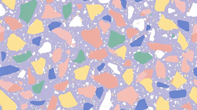 Seamless terrazzo pattern with pastel coral, yellow, green and cream chips on a lavender background, playful geometric surface design, modern abstract decor