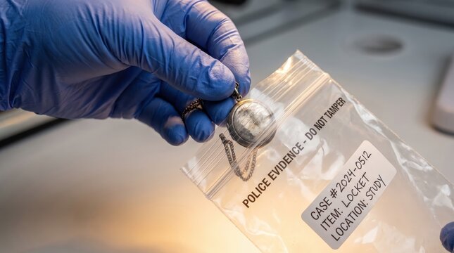 gloved hands holding plastic police evidence bag with silver locket. label with case number. criminal investigation, forensic laboratory, chain of custody. banner, website header with copyspace.