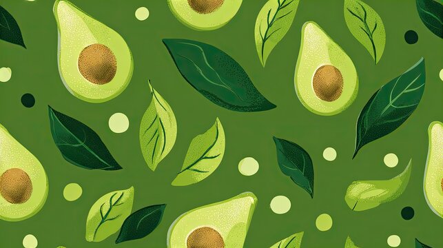 Seamless avocado pattern with sliced fruit and green leaves on a dark green background, fresh food illustration, healthy lifestyle surface design