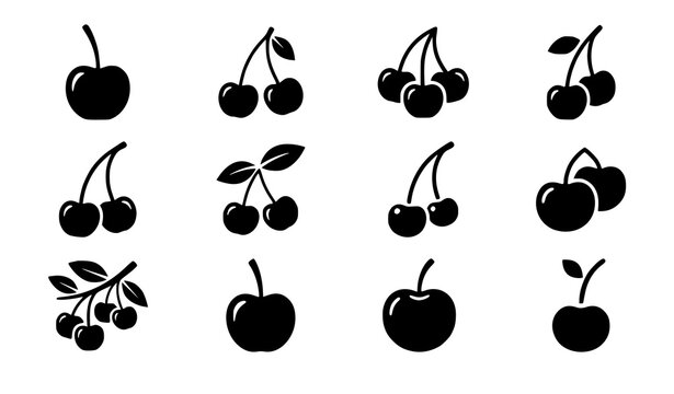 Black Cherry Silhouette Icons Fresh Fruit White Background Vector Collection