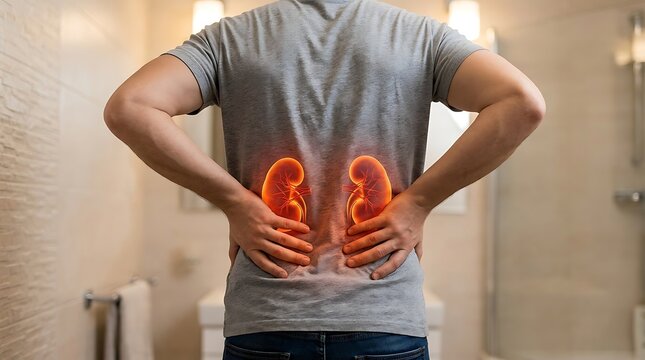 Man standing in bathroom holding lower back with glowing red kidney visualization showing renal pain and health issues for medical wellness concept photography in home environment