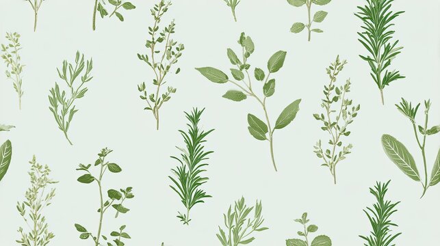 Seamless botanical pattern with delicate green herb sprigs and leafy branches on a pale mint background, calm natural illustration, organic surface design