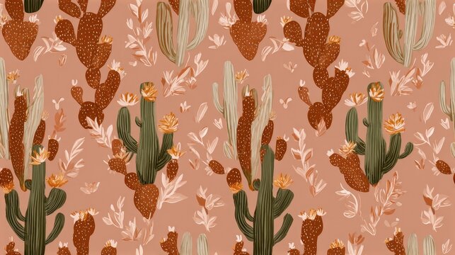 Seamless desert pattern with tall cacti, leaves and floral accents on a peach background, warm botanical illustration, rustic southwest surface design