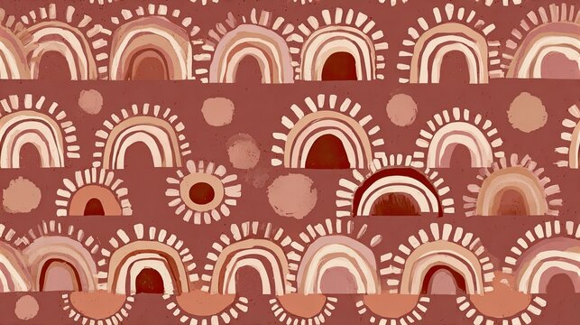Seamless boho pattern with white rainbows, suns and organic shapes on a terracotta background, warm retro illustration, decorative surface design