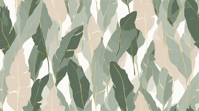 Seamless abstract pattern of overlapping green leaves on a light neutral background, modern botanical surface design, soft tropical illustration