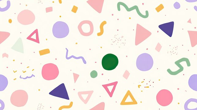 Pastel Memphis style seamless pattern with circles, triangles, squiggles and abstract shapes on a cream background, playful geometric design