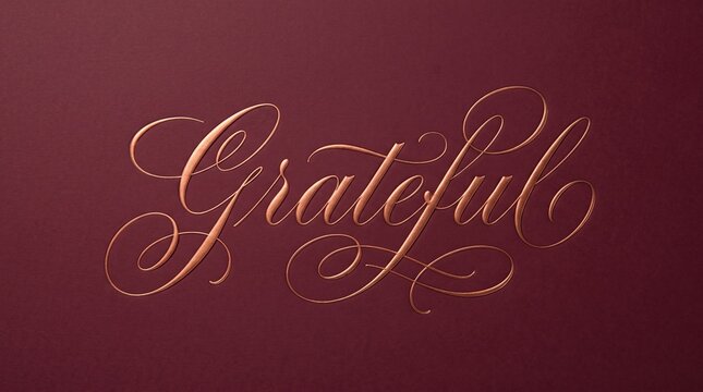Grateful word written in elegant gold calligraphy on a deep dark red textured background