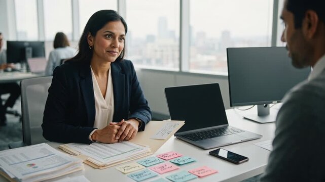 Reviewing documents, woman in navy blazer passing pen to colleague at office desk with sticky notes