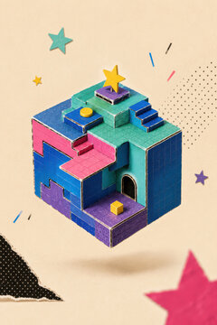 Retro platformer world with pixel graphics and hidden rewards shown as a handmade isometric cardboard game level with stars coins and doors
