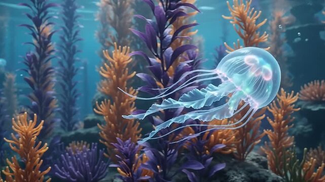 Translucent sea jelly gliding through a vibrant neon kelp forest