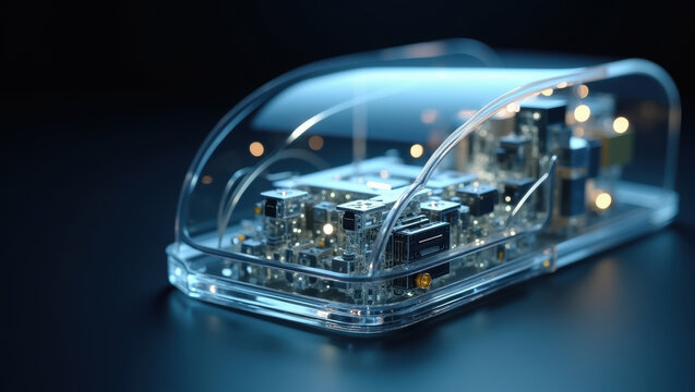 Abstract circuit board inside a transparent dome case representing advanced technology and digital electronic data processing