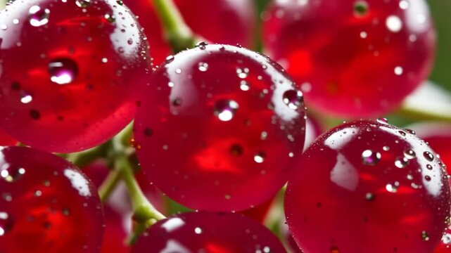 Fresh translucent red currants with sparkling water droplets create a vivid ultra-macro fruit scene.
