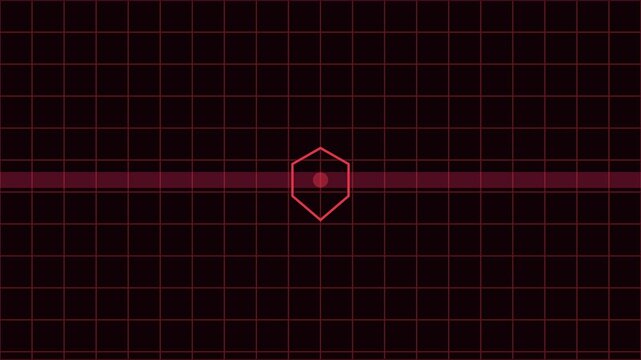 Red hexagon hud interface with pulsing center point on digital grid animation 4k background