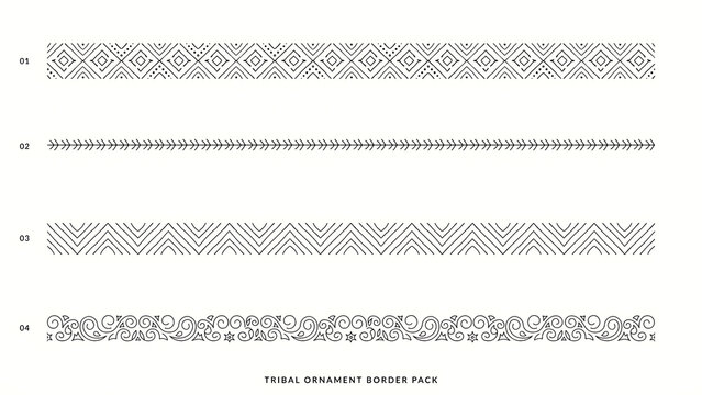 Set of four black tribal ornament borders on white background, isolated on a, transparent background