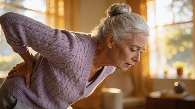 Feeling lower back pain, senior woman bending forward holding lower back at home, wearing cardigan