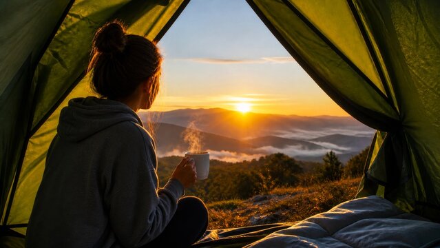 Solo camper holding a hot drink inside a tent while watching sunrise over misty mountains
