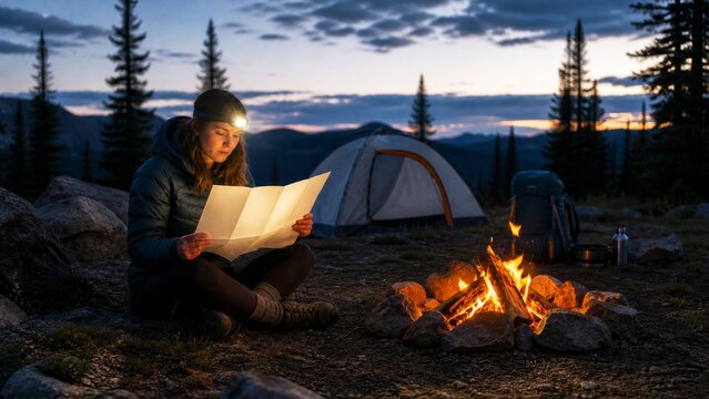 Solo camper reading a paper map beside a campfire and tent at dusk