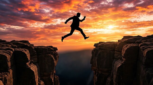 Silhouette of a businessman leaping across a wide chasm between two rocky cliffs during a dramatic sunset representing risk and business success in a competitive corporate landscape