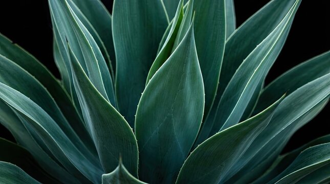 Close up of sharp blue green agave plant leaves isolated against a black background with showing sharp pointed drought tolerant view showing symmetrical vegetation minimalist ornamental texture