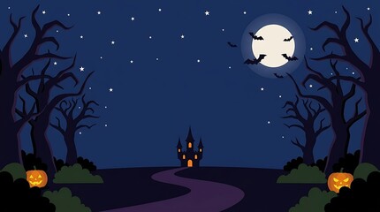 Fototapeta premium A spooky halloween night scene with a witch silhouetted trees a glowing moon and a winding path for festive decorations and backgrounds