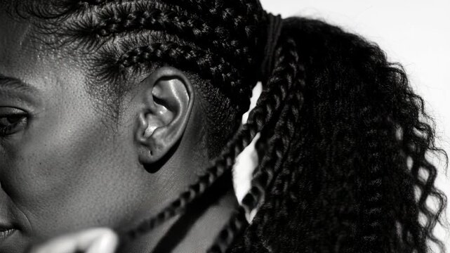 Shifting gaze, woman with cornrow braids gathering ponytail in studio portrait, securing hair tie