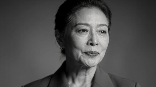 Answering prompt, senior Asian woman speaking, turning head right in studio, wearing blazer, studs