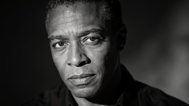 Shifting man wearing shirt tilting head, gaze as camera starting, studio light altering shadows