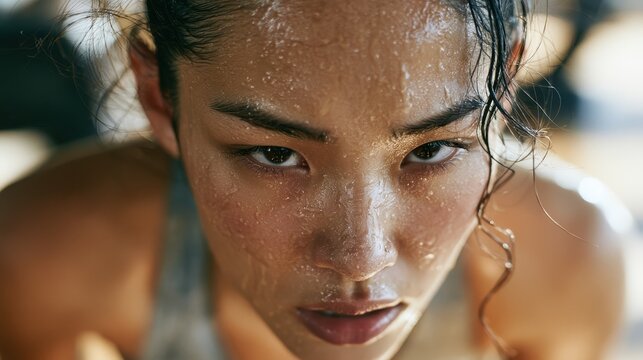 Dynamic gym close-up of a sweaty, concentrated female athlete