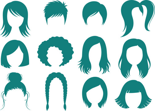 Teal Woman Hairstyle Silhouette Vector Icon Set with Short Pixie Cuts Bob Braids Curly Afro Bun and Long Wavy Hair for Beauty Salon Branding and Logos