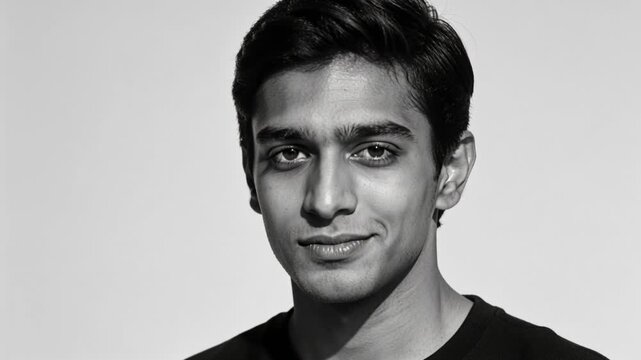 Turning adult Indian man responding to camera rolling, shifting gaze in studio wearing dark tee