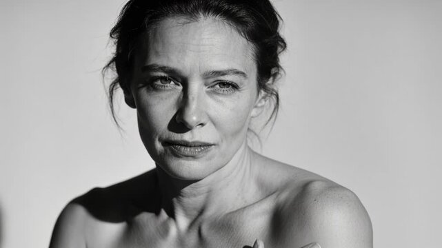 Studio light causing squinting woman shifting gaze, placing right hand on left shoulder strapless