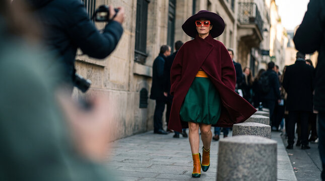 Stylish woman walking in vibrant outfit on a Paris street  