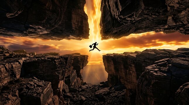 Silhouette of a businessman leaping across a wide chasm between two rocky cliffs during a dramatic sunset representing risk and business success in a competitive corporate landscape