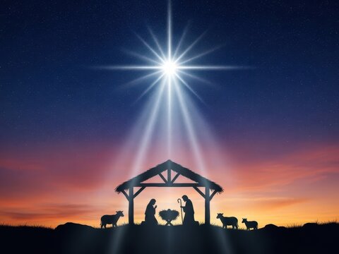 Nativity scene with star shining brightly in the night sky above a manger