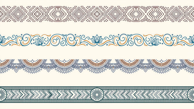 Set of four decorative ethnic borders with geometric patterns isolated on a transparent background